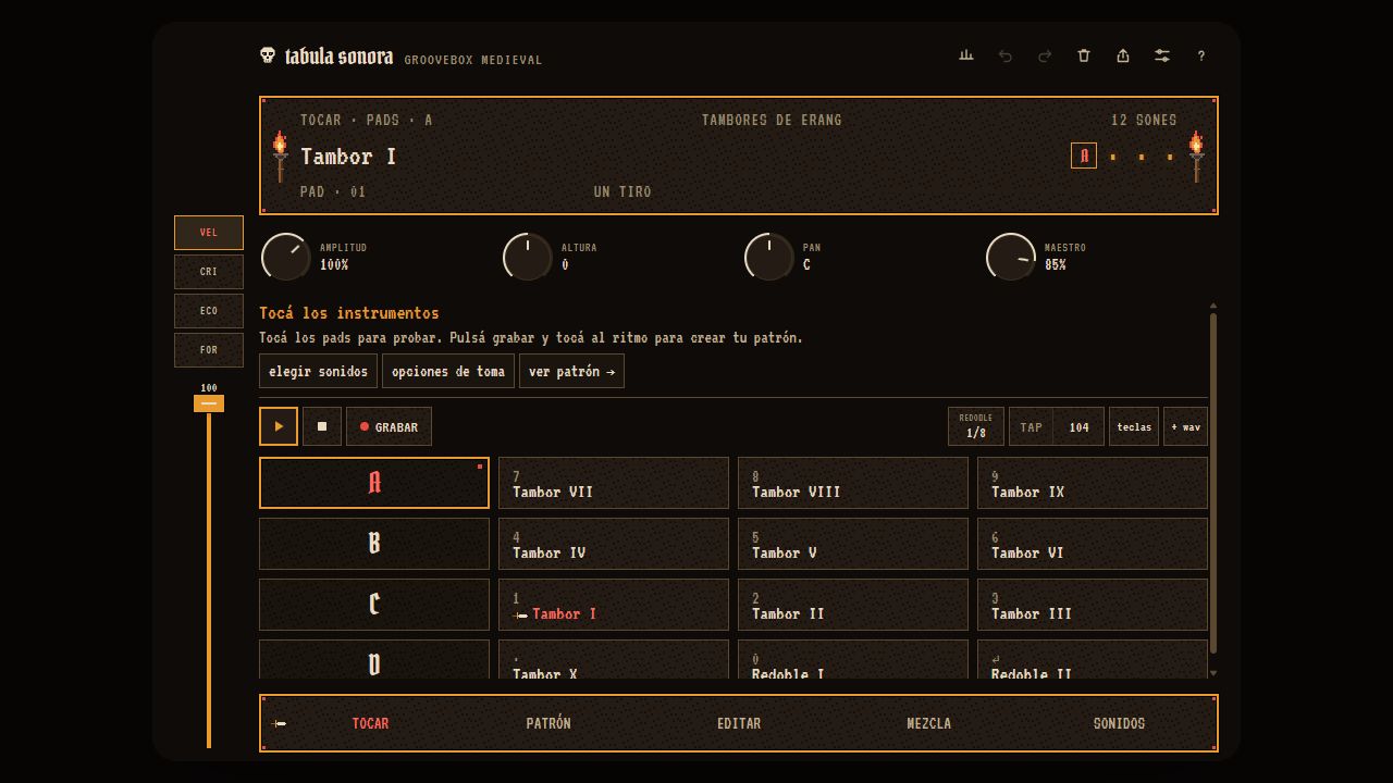 Interfaz actual de Tabula Sonora con pads, controles de efectos y navegación entre tocar, patrón, editar, mezcla y sonidos
